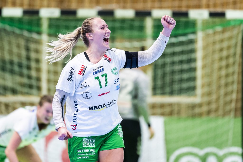 190315 Skurus Jenny Södrén jublar under handbollsmatchen i SHE mellan Höörs HK H65 och Skuru IK den 15 mars 2019 i Höör.
Foto: Christoffer Borg Mattisson / BILDBYRÅN / COP 261
