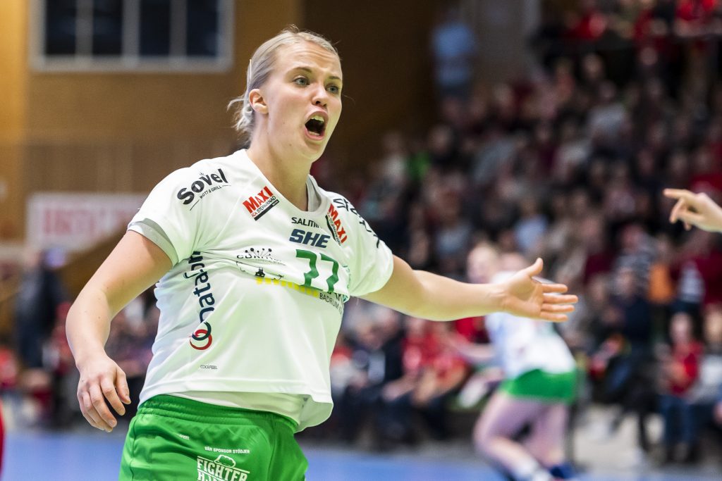 190315 Skurus Hanna Åhlén reagerar under handbollsmatchen i SHE mellan Höörs HK H65 och Skuru IK den 15 mars 2019 i Höör.
Foto: Christoffer Borg Mattisson / BILDBYRÅN / COP 261