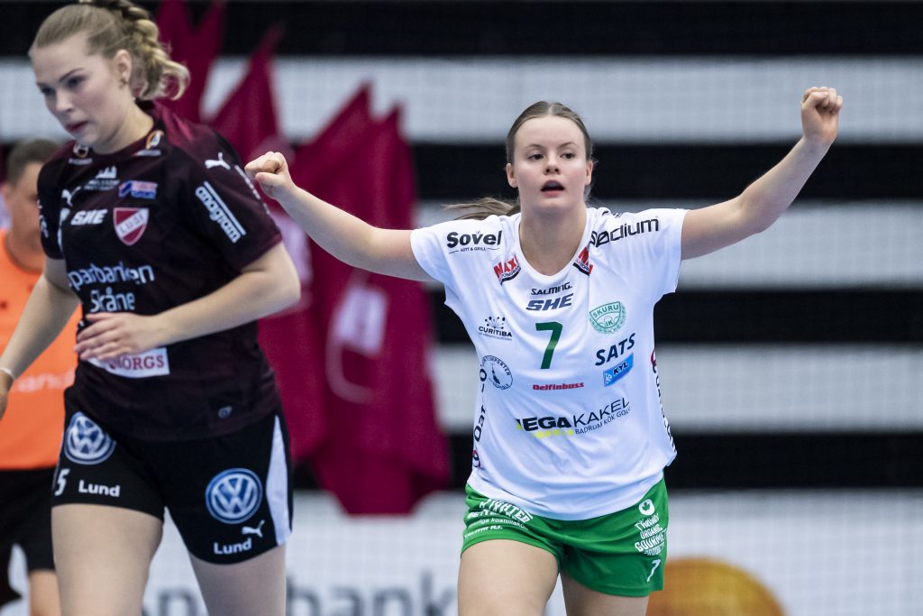 190424 Skurus Elin Hansson jublar under handbollsmatchen i semifinal 2 i SHE-slutspelet mellan Lugi och Skuru den 24 april 2019 i Lund.
Foto: Christoffer Borg Mattisson / BILDBYRÅN / COP 261