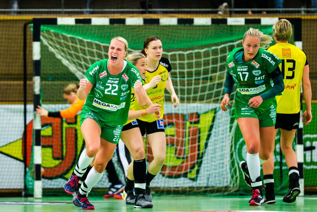 190519 Skurus Hanna Åhlén jublar under final 3 i SHE mellan Skuru och Sävehof den 19 maj 2019 i Stockholm. 
Foto: Andreas Sandström / BILDBYRÅN / Cop 104