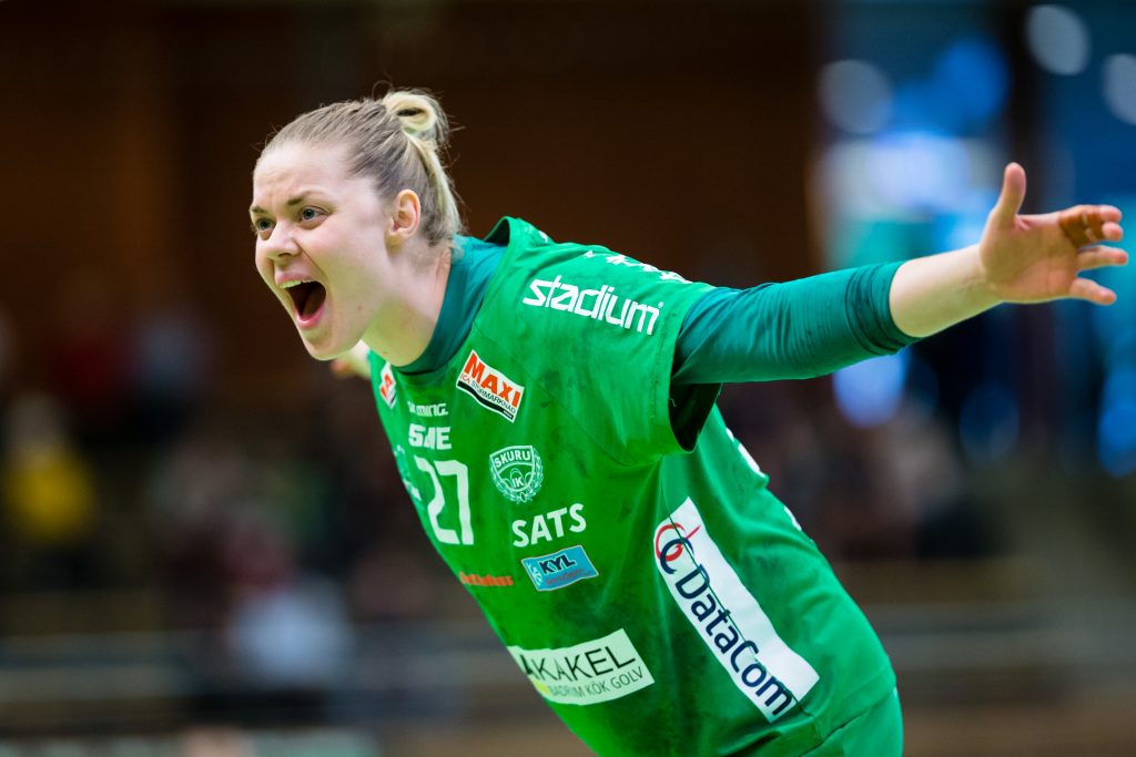 190519 Skurus Ulrika Olsson reagerar under final 3 i SHE mellan Skuru och Sävehof den 19 maj 2019 i Stockholm. 
Foto: Andreas Sandström / BILDBYRÅN / Cop 104