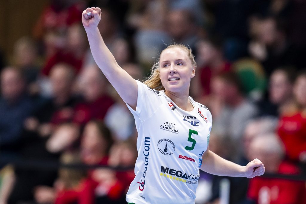 190315 Skurus Mathilda Lundström jublar under handbollsmatchen i SHE mellan Höörs HK H65 och Skuru IK den 15 mars 2019 i Höör.
Foto: Christoffer Borg Mattisson / BILDBYRÅN / COP 261