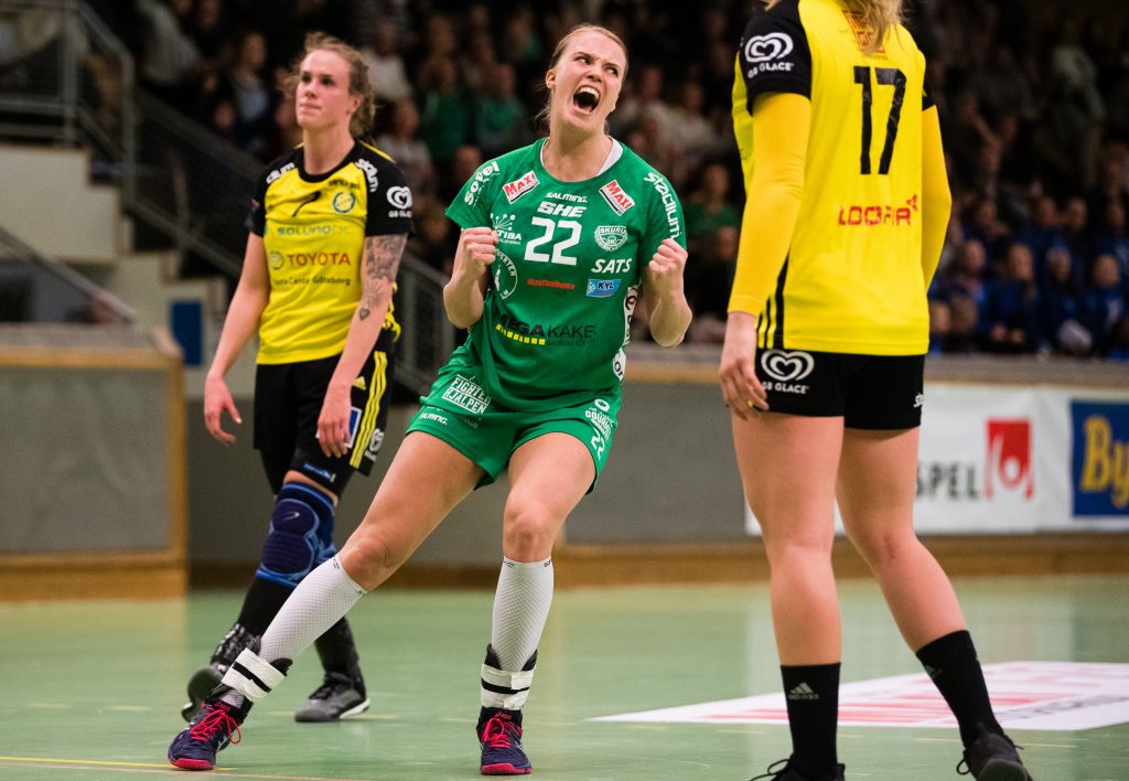 190306 Skurus Hanna Åhlén jublar under handbollsmatchen i SHE mellan Skuru och Sävehof den 6 mars 2019 i Stockholm. 
Foto: Andreas L Eriksson / Bildbyrån / kod AE / Cop 106